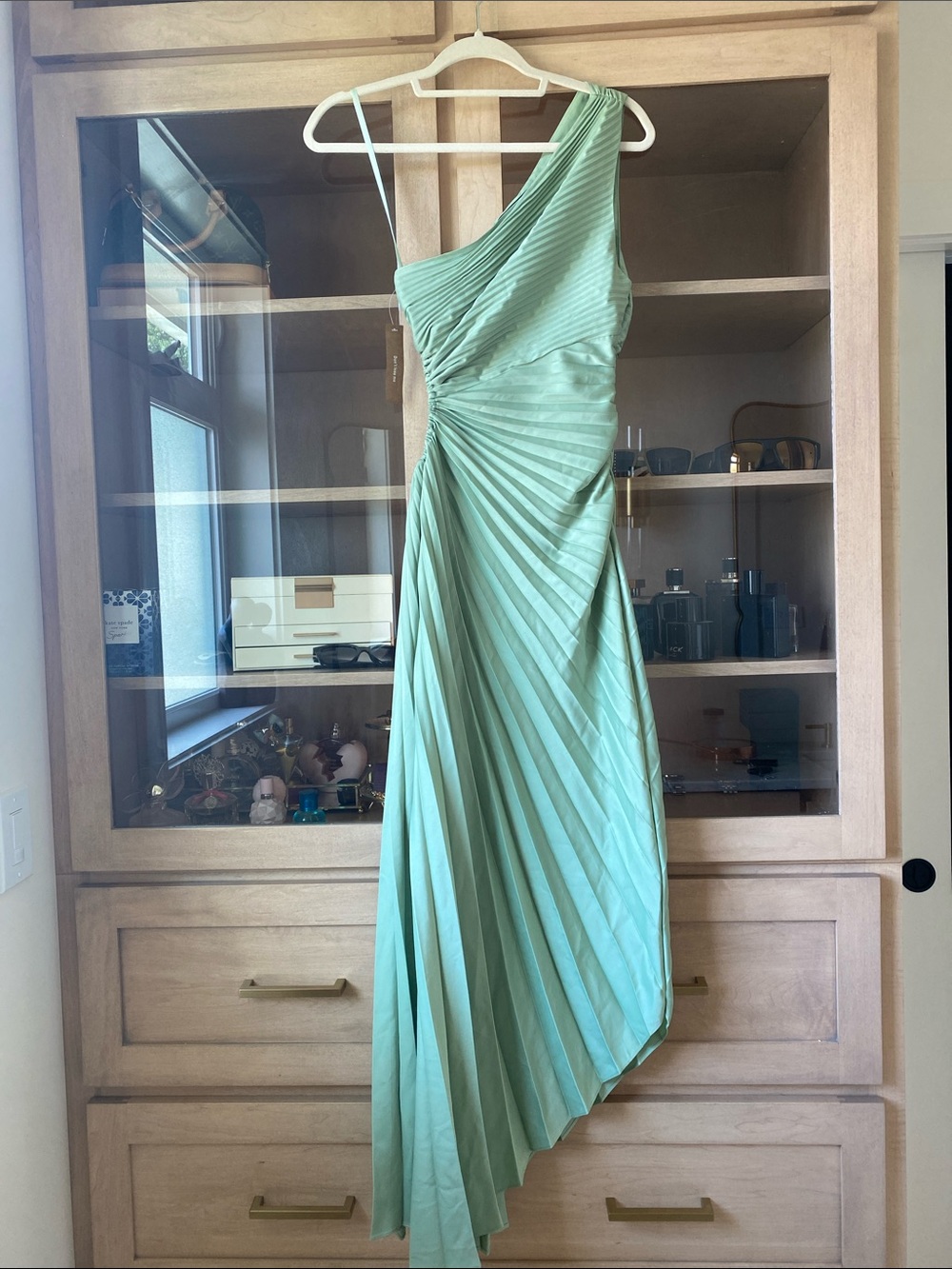 NWT One-Shoulder Pleated Dress in Sage Green